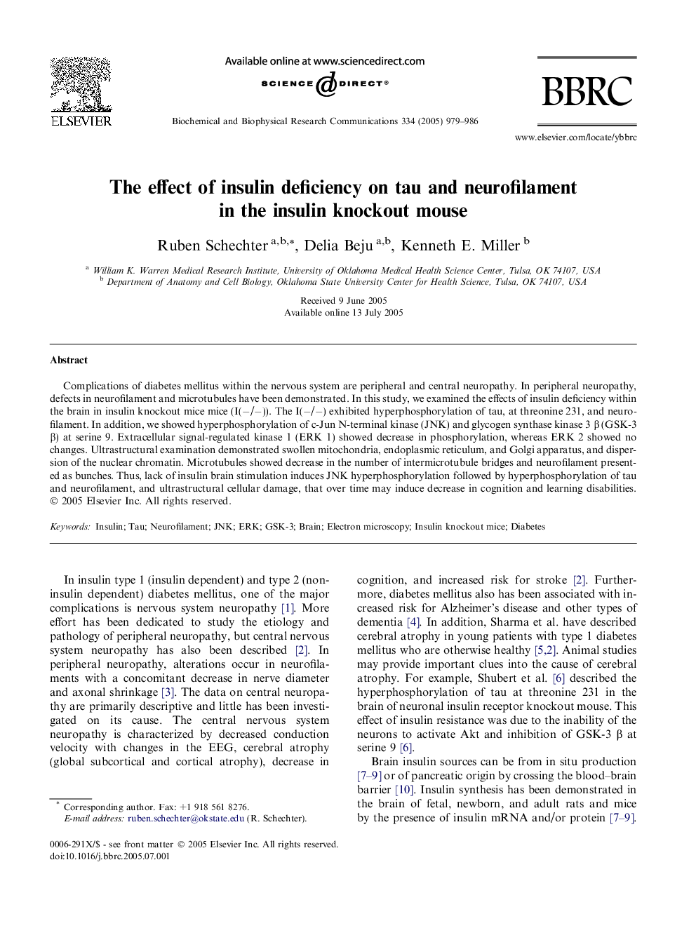 The effect of insulin deficiency on tau and neurofilament in the insulin knockout mouse