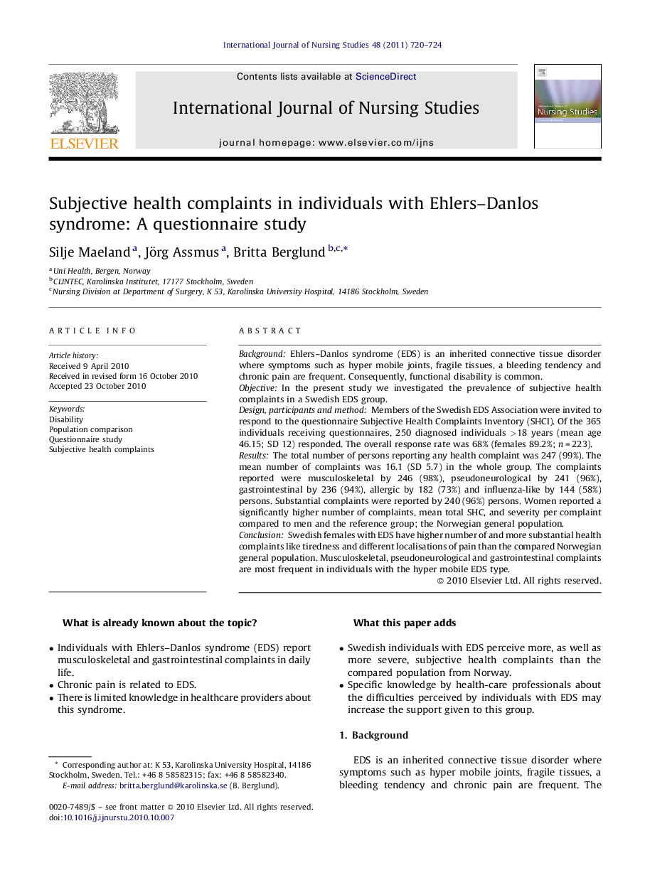 Subjective health complaints in individuals with Ehlers–Danlos syndrome: A questionnaire study