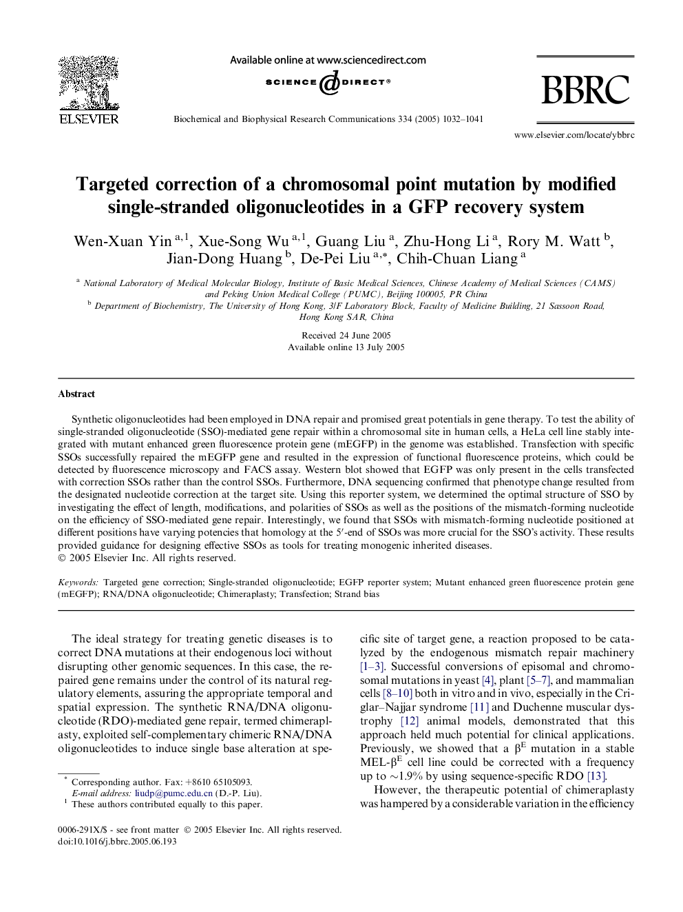 Targeted correction of a chromosomal point mutation by modified single-stranded oligonucleotides in a GFP recovery system