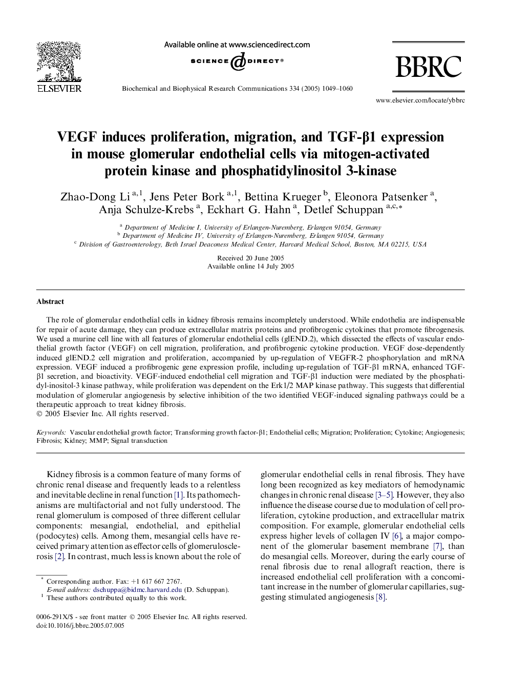 VEGF induces proliferation, migration, and TGF-Î²1 expression in mouse glomerular endothelial cells via mitogen-activated protein kinase and phosphatidylinositol 3-kinase