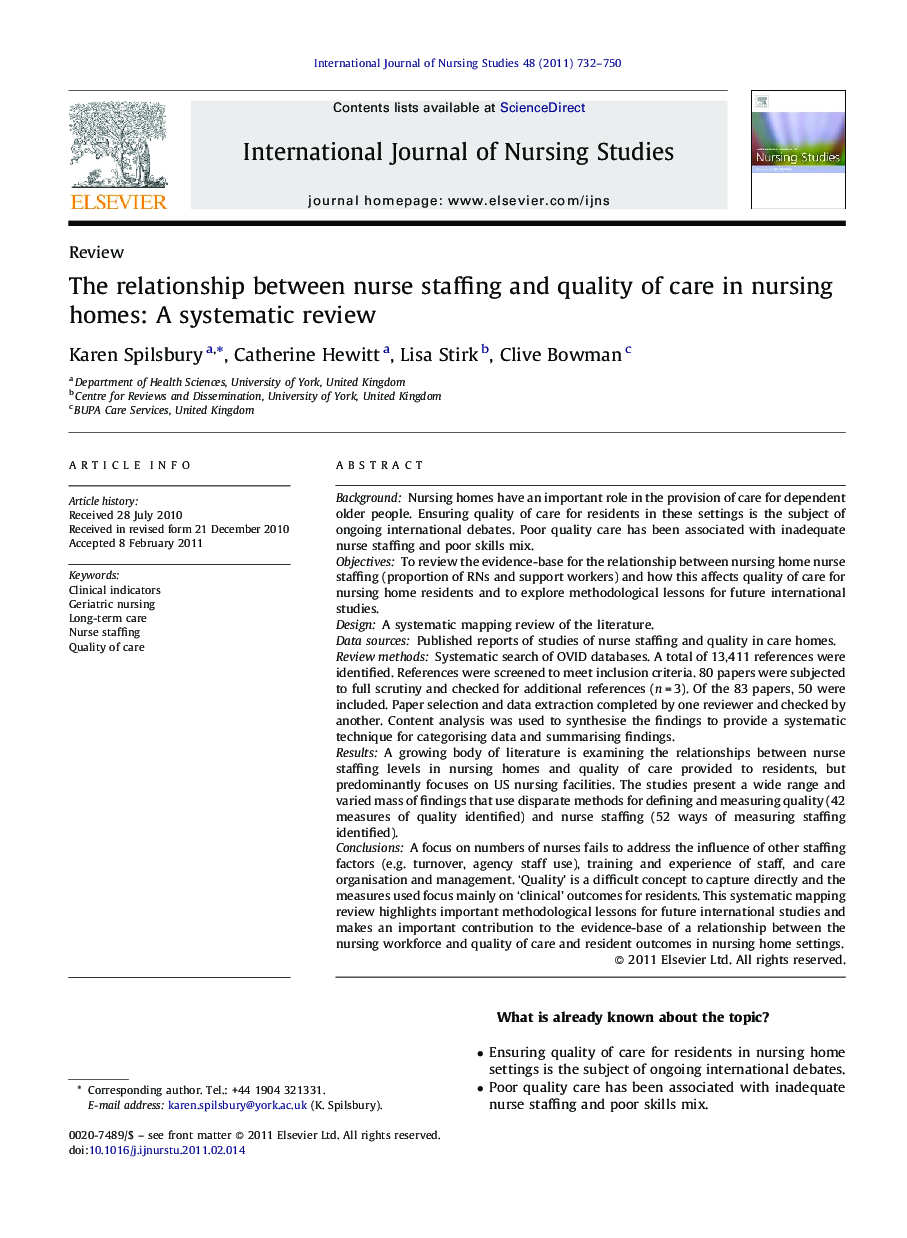 The relationship between nurse staffing and quality of care in nursing homes: A systematic review