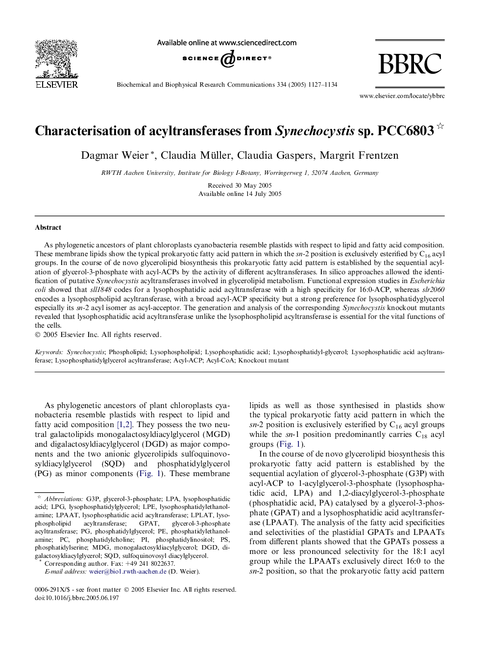 Characterisation of acyltransferases from Synechocystis sp. PCC6803