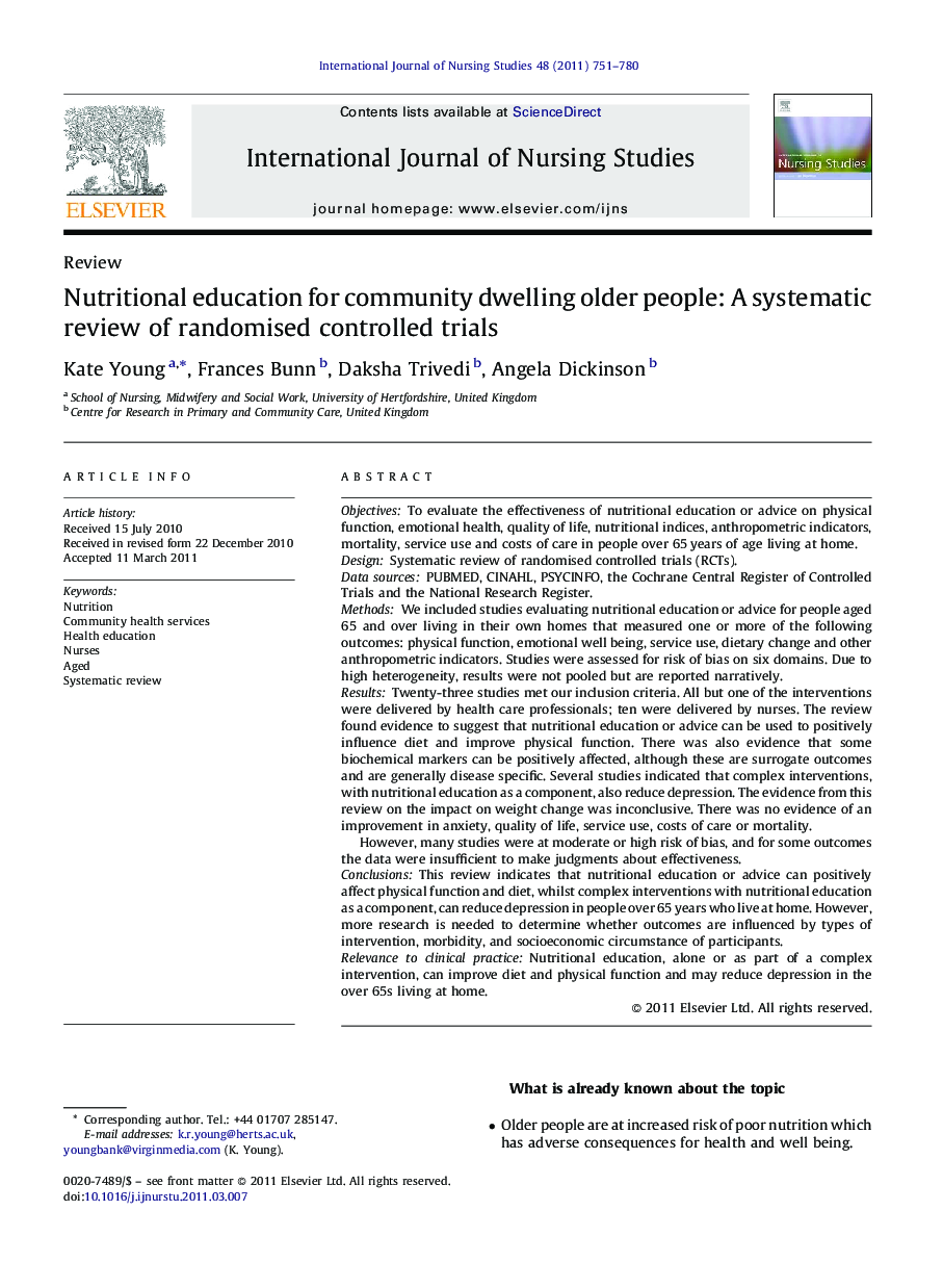 Nutritional education for community dwelling older people: A systematic review of randomised controlled trials