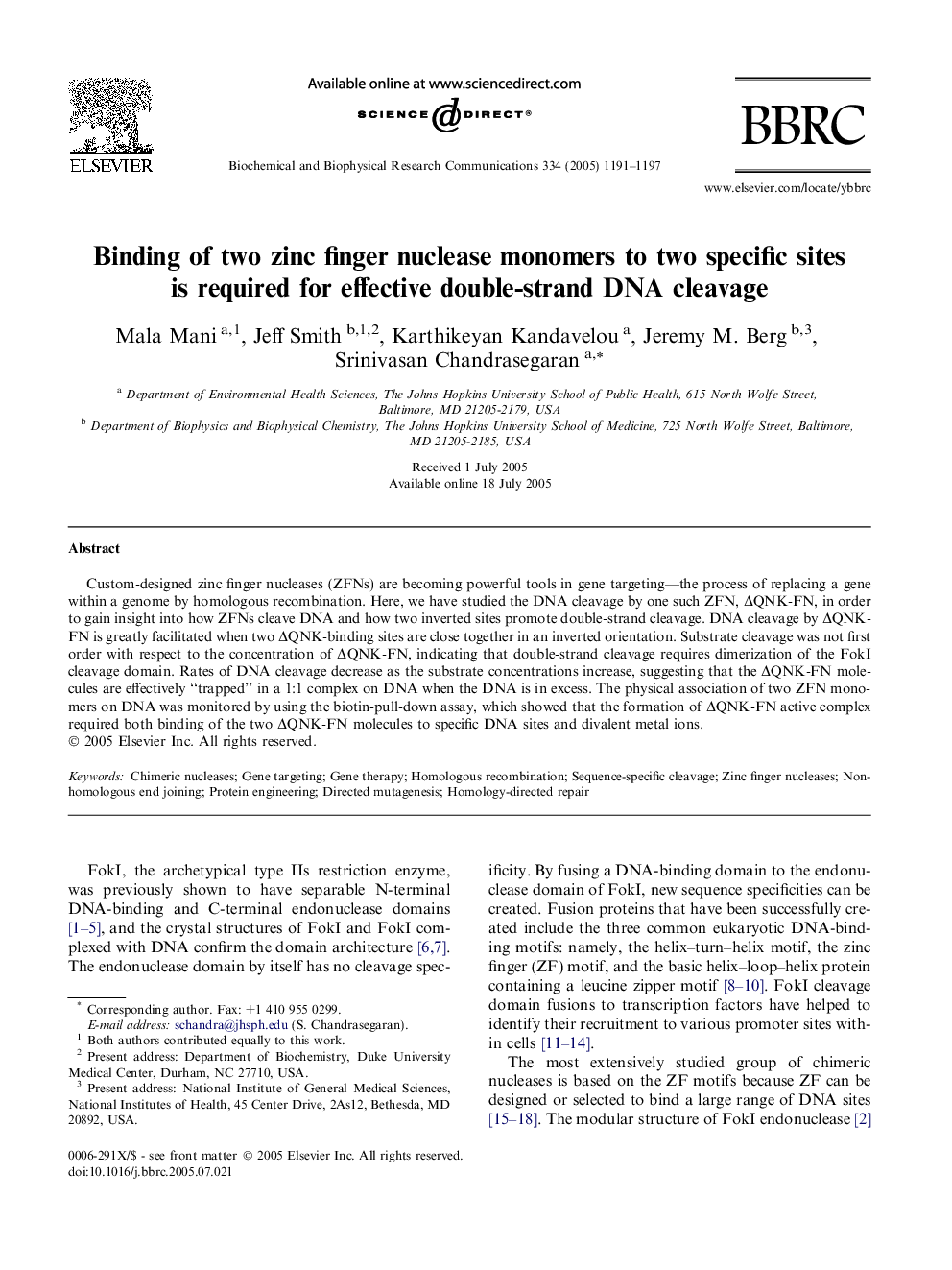 Binding of two zinc finger nuclease monomers to two specific sites is required for effective double-strand DNA cleavage