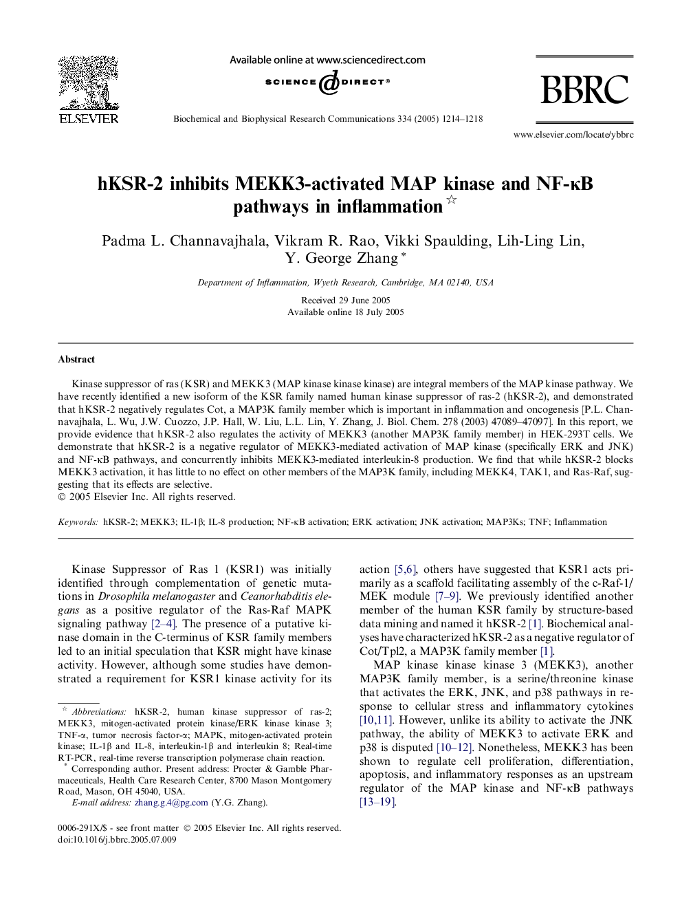 hKSR-2 inhibits MEKK3-activated MAP kinase and NF-ÎºB pathways in inflammation