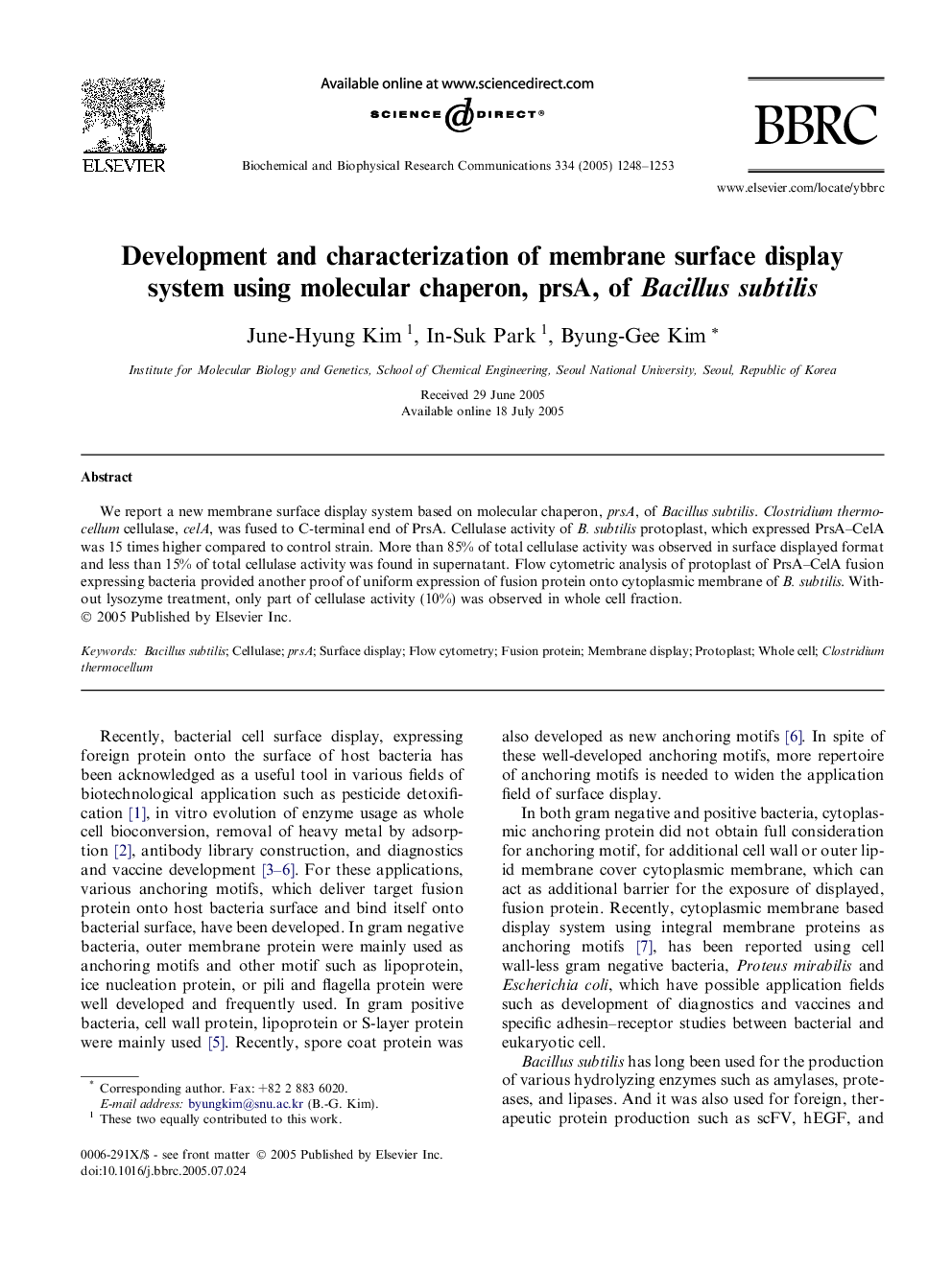 Development and characterization of membrane surface display system using molecular chaperon, prsA, of Bacillus subtilis