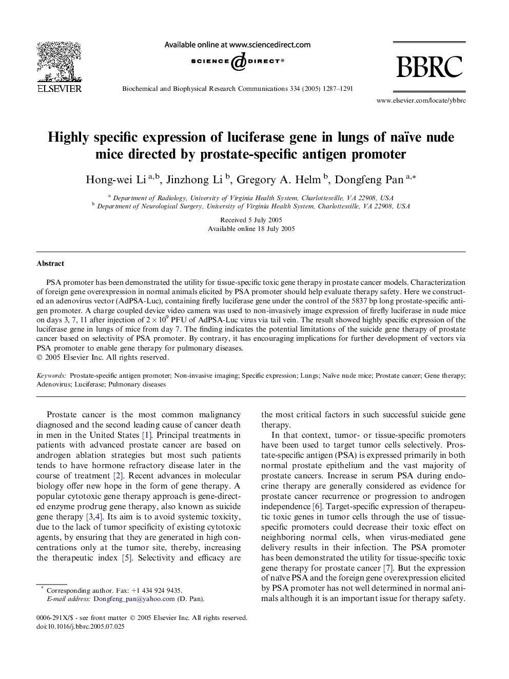 Highly specific expression of luciferase gene in lungs of naïve nude mice directed by prostate-specific antigen promoter