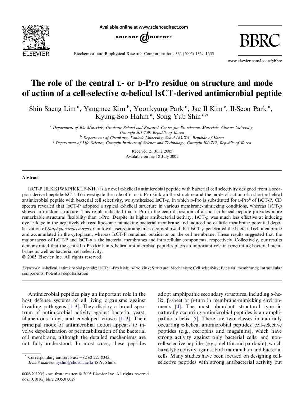 The role of the central l- or d-Pro residue on structure and mode of action of a cell-selective Î±-helical IsCT-derived antimicrobial peptide