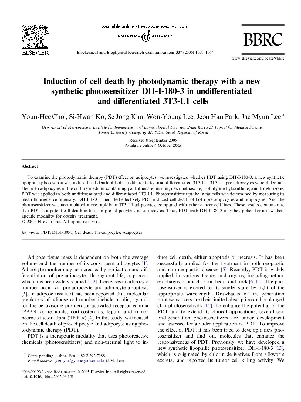 Induction of cell death by photodynamic therapy with a new synthetic photosensitizer DH-I-180-3 in undifferentiated and differentiated 3T3-L1 cells