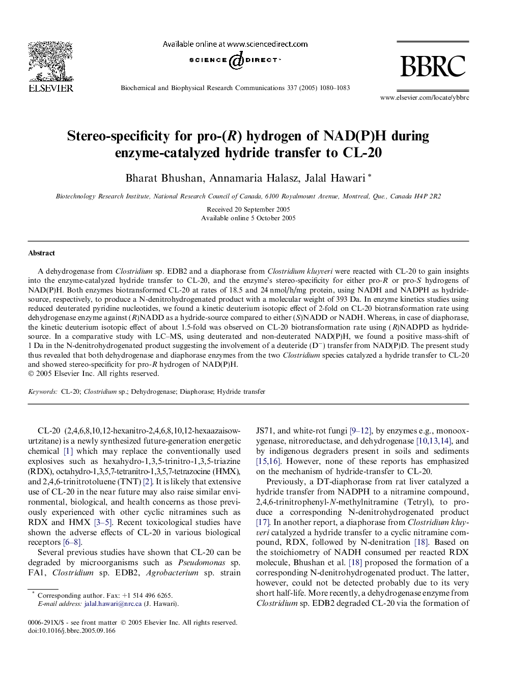 Stereo-specificity for pro-(R) hydrogen of NAD(P)H during enzyme-catalyzed hydride transfer to CL-20