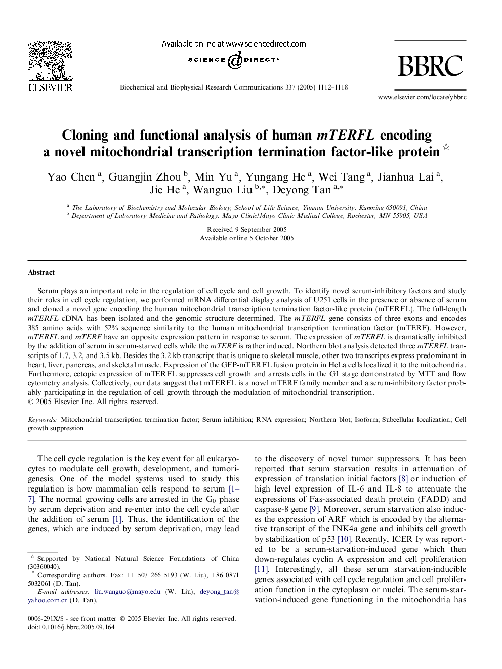 Cloning and functional analysis of human mTERFL encoding a novel mitochondrial transcription termination factor-like protein