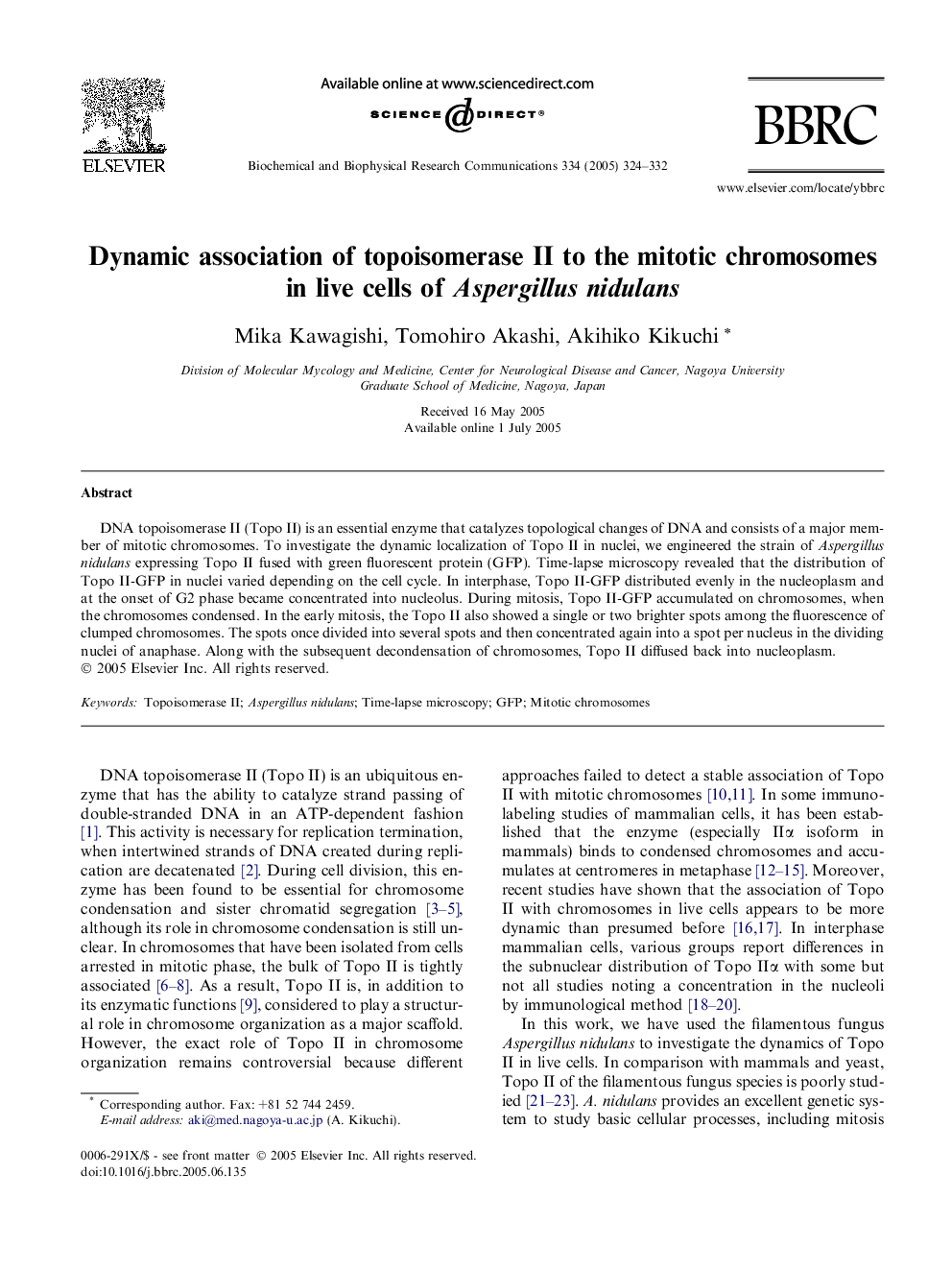 Dynamic association of topoisomerase II to the mitotic chromosomes in live cells of Aspergillus nidulans