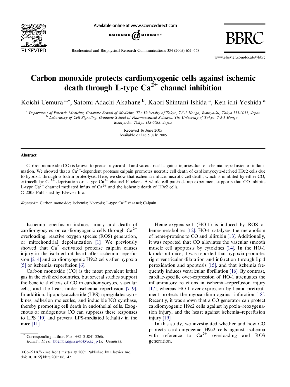 Carbon monoxide protects cardiomyogenic cells against ischemic death through L-type Ca2+ channel inhibition