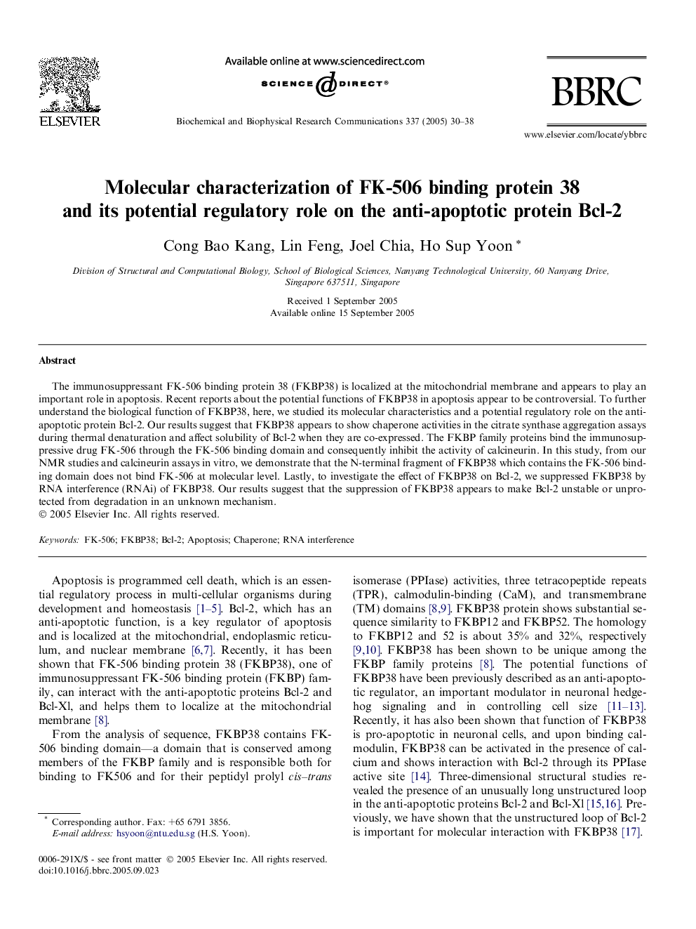 Molecular characterization of FK-506 binding protein 38 and its potential regulatory role on the anti-apoptotic protein Bcl-2