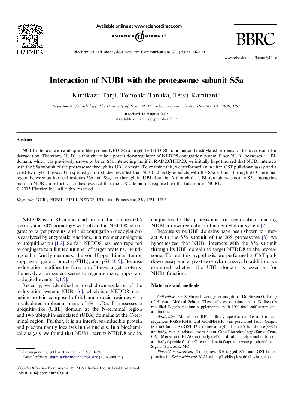 Interaction of NUB1 with the proteasome subunit S5a