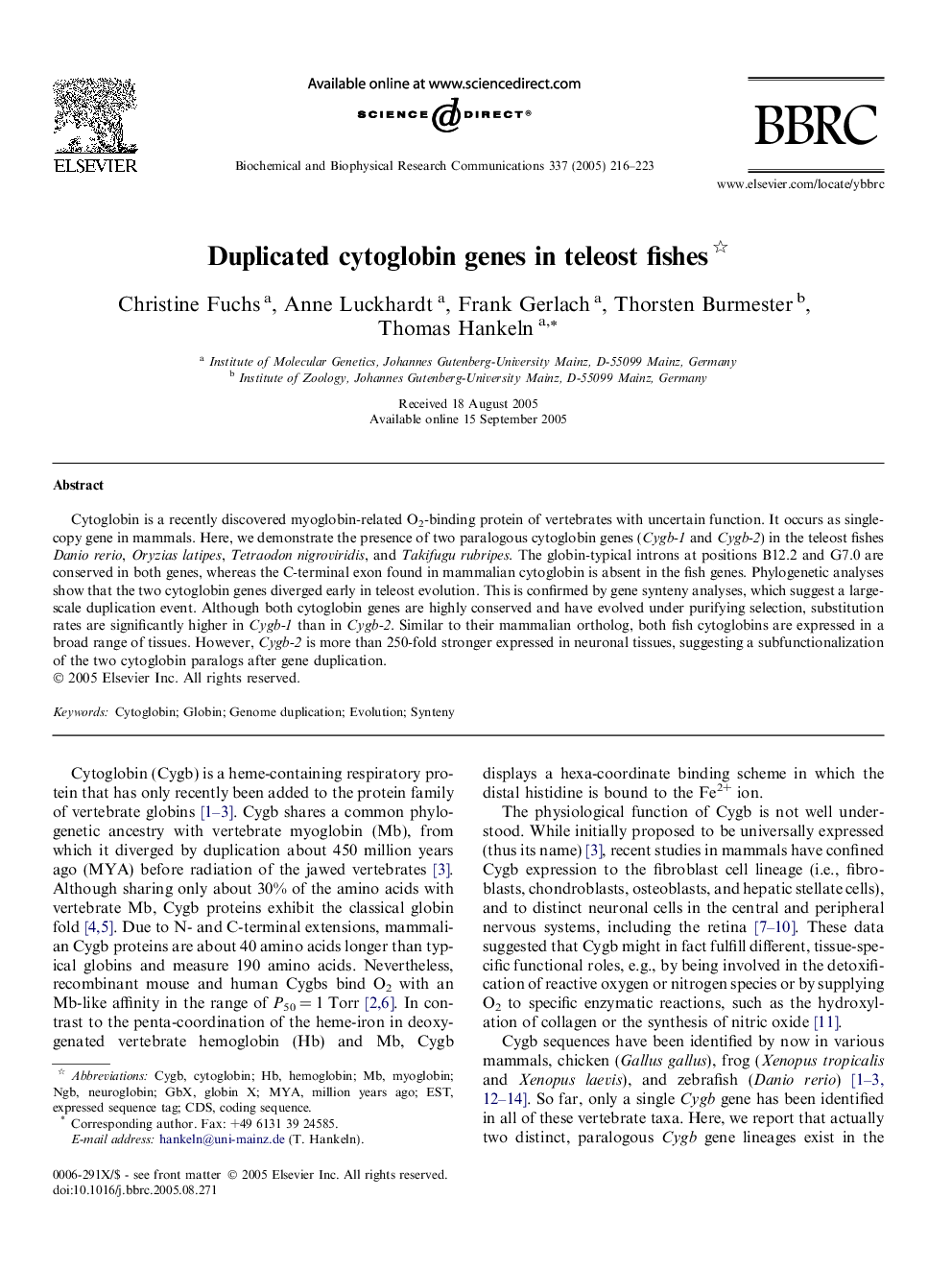 Duplicated cytoglobin genes in teleost fishes