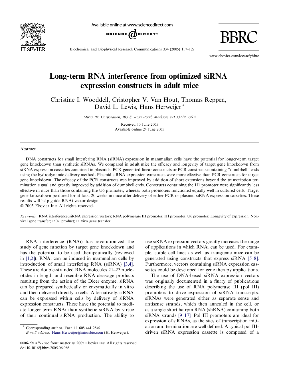 Long-term RNA interference from optimized siRNA expression constructs in adult mice