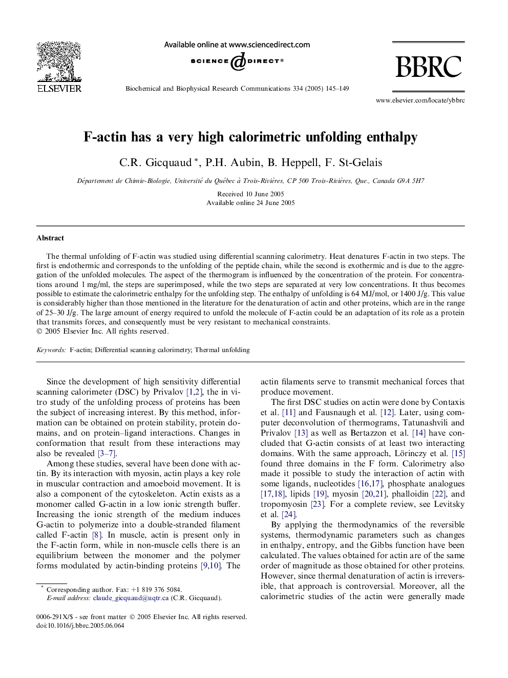 F-actin has a very high calorimetric unfolding enthalpy