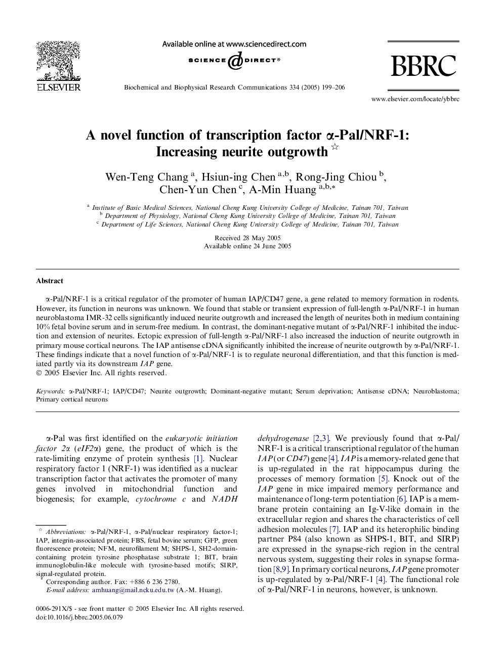 A novel function of transcription factor Î±-Pal/NRF-1: Increasing neurite outgrowth