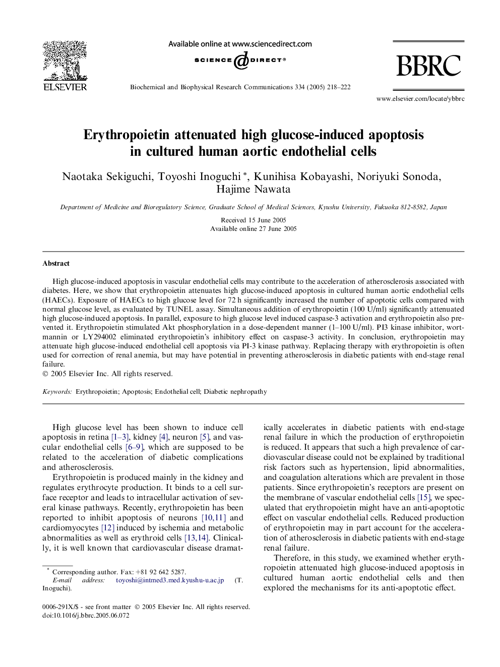 Erythropoietin attenuated high glucose-induced apoptosis in cultured human aortic endothelial cells