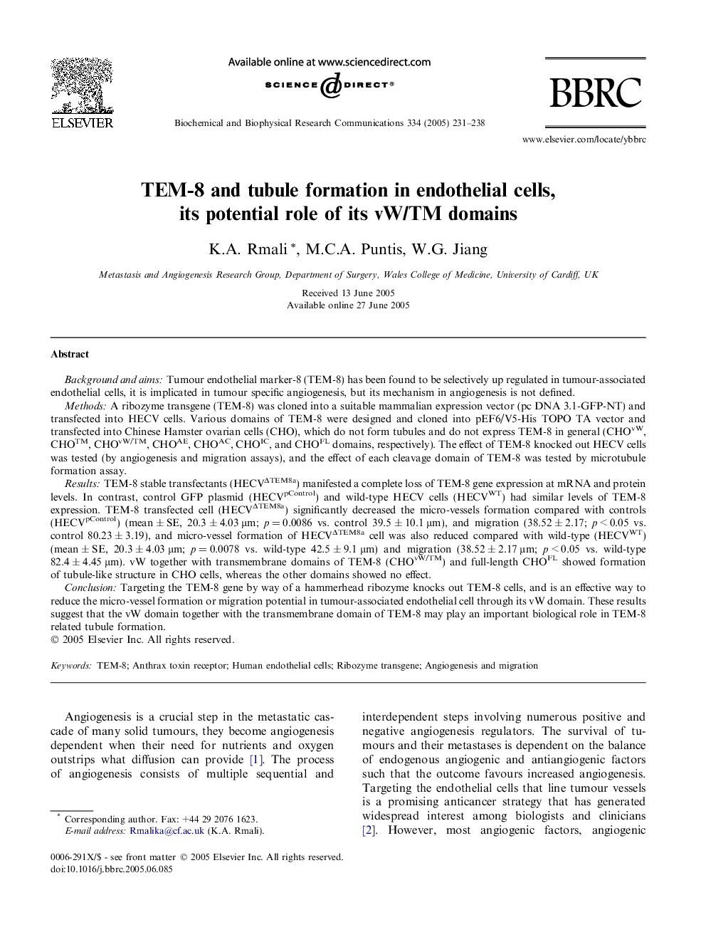 TEM-8 and tubule formation in endothelial cells, its potential role of its vW/TM domains