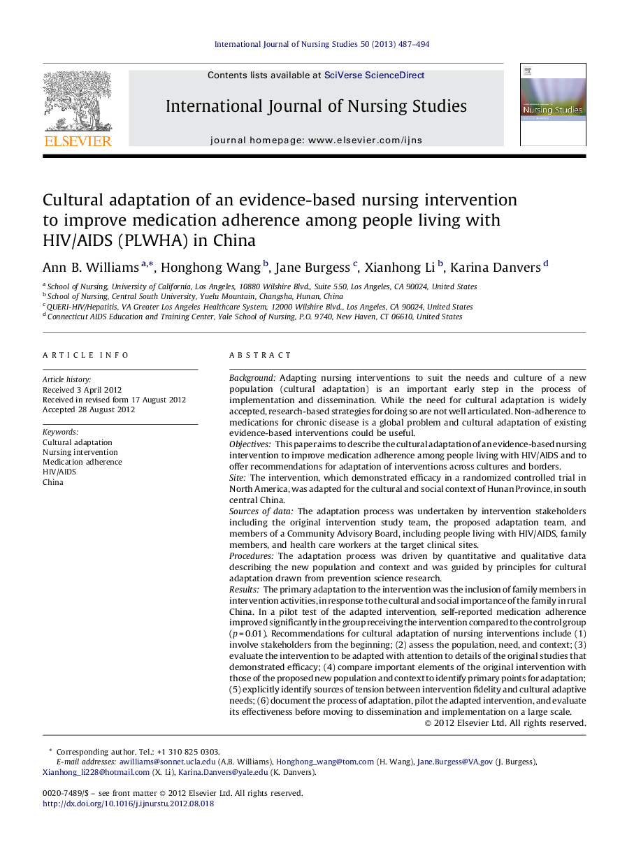 Cultural adaptation of an evidence-based nursing intervention to improve medication adherence among people living with HIV/AIDS (PLWHA) in China