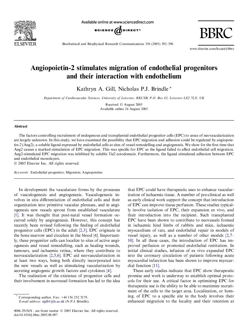 Angiopoietin-2 stimulates migration of endothelial progenitors and their interaction with endothelium