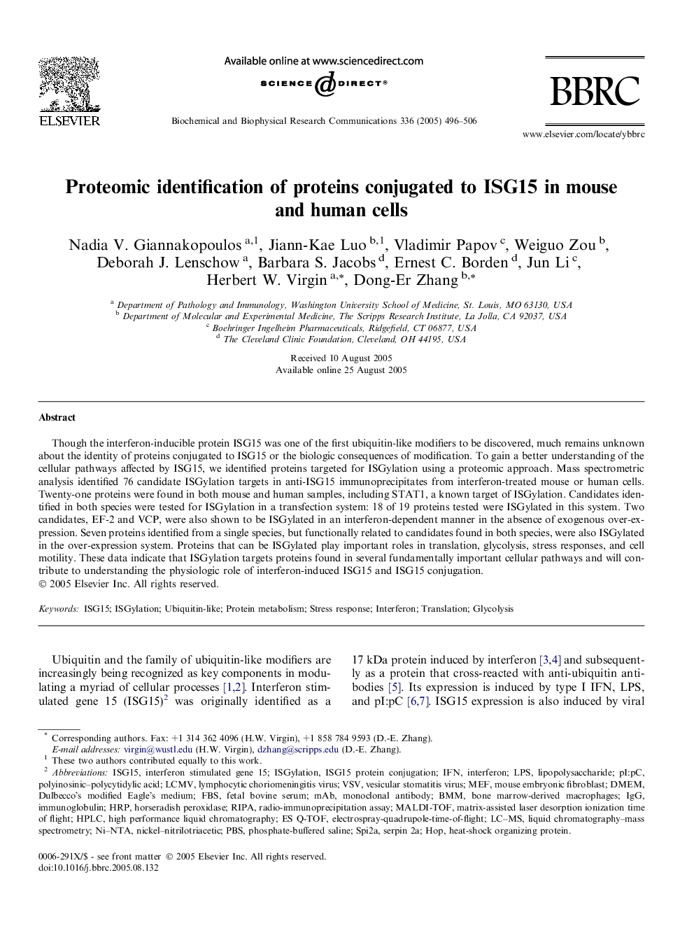 Proteomic identification of proteins conjugated to ISG15 in mouse and human cells