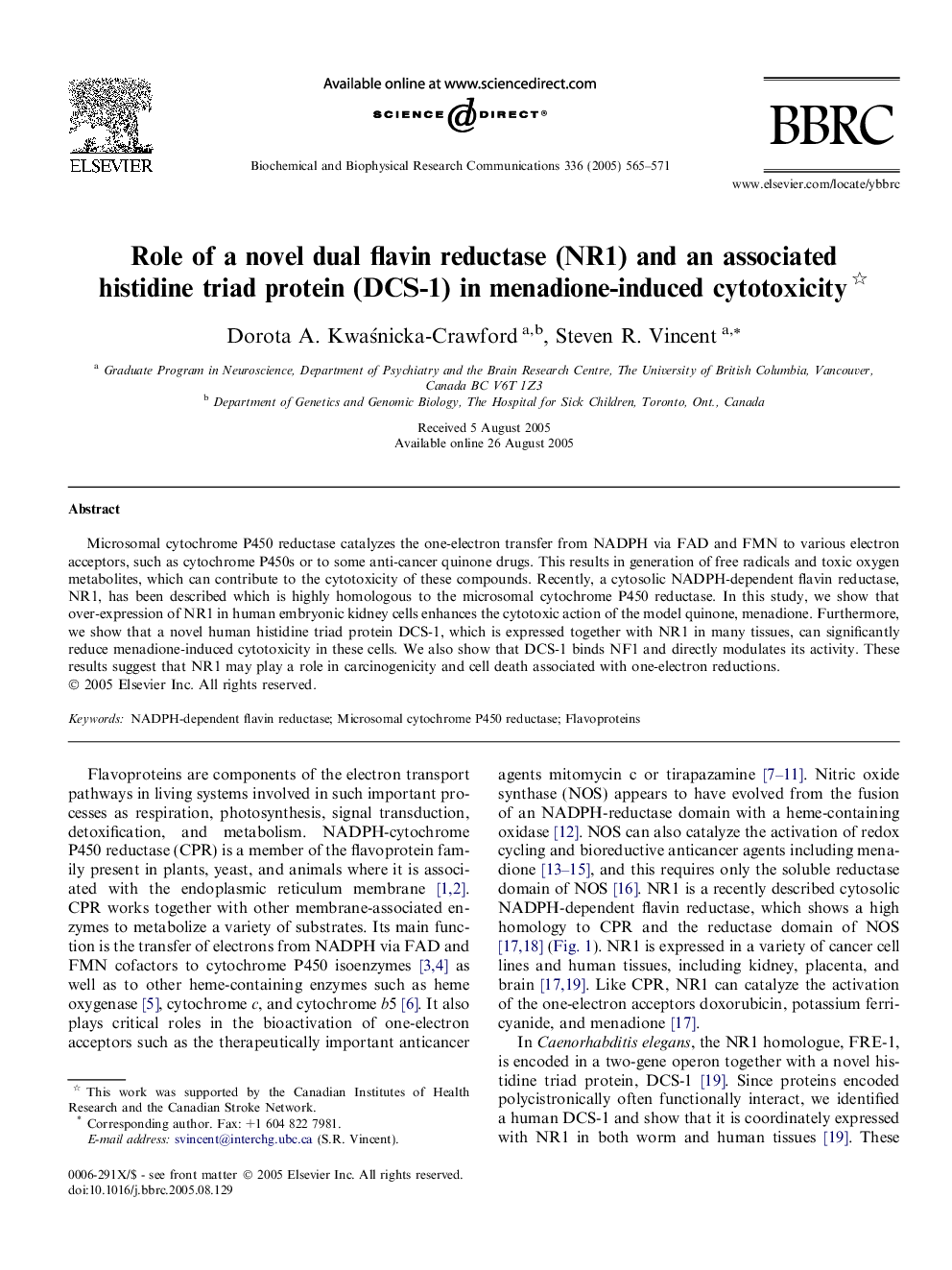 Role of a novel dual flavin reductase (NR1) and an associated histidine triad protein (DCS-1) in menadione-induced cytotoxicity