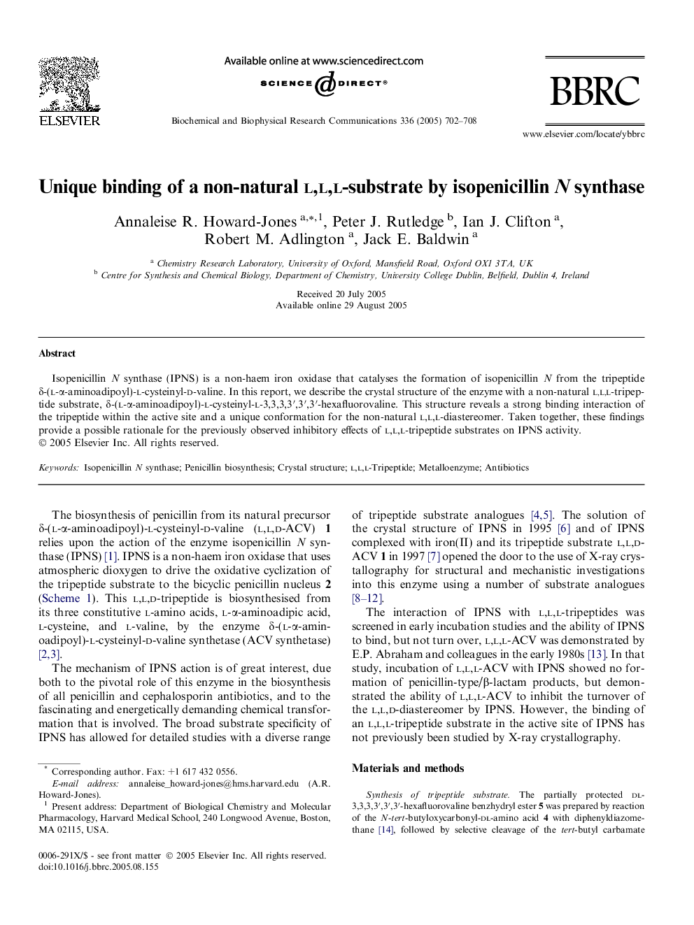 Unique binding of a non-natural l,l,l-substrate by isopenicillin N synthase