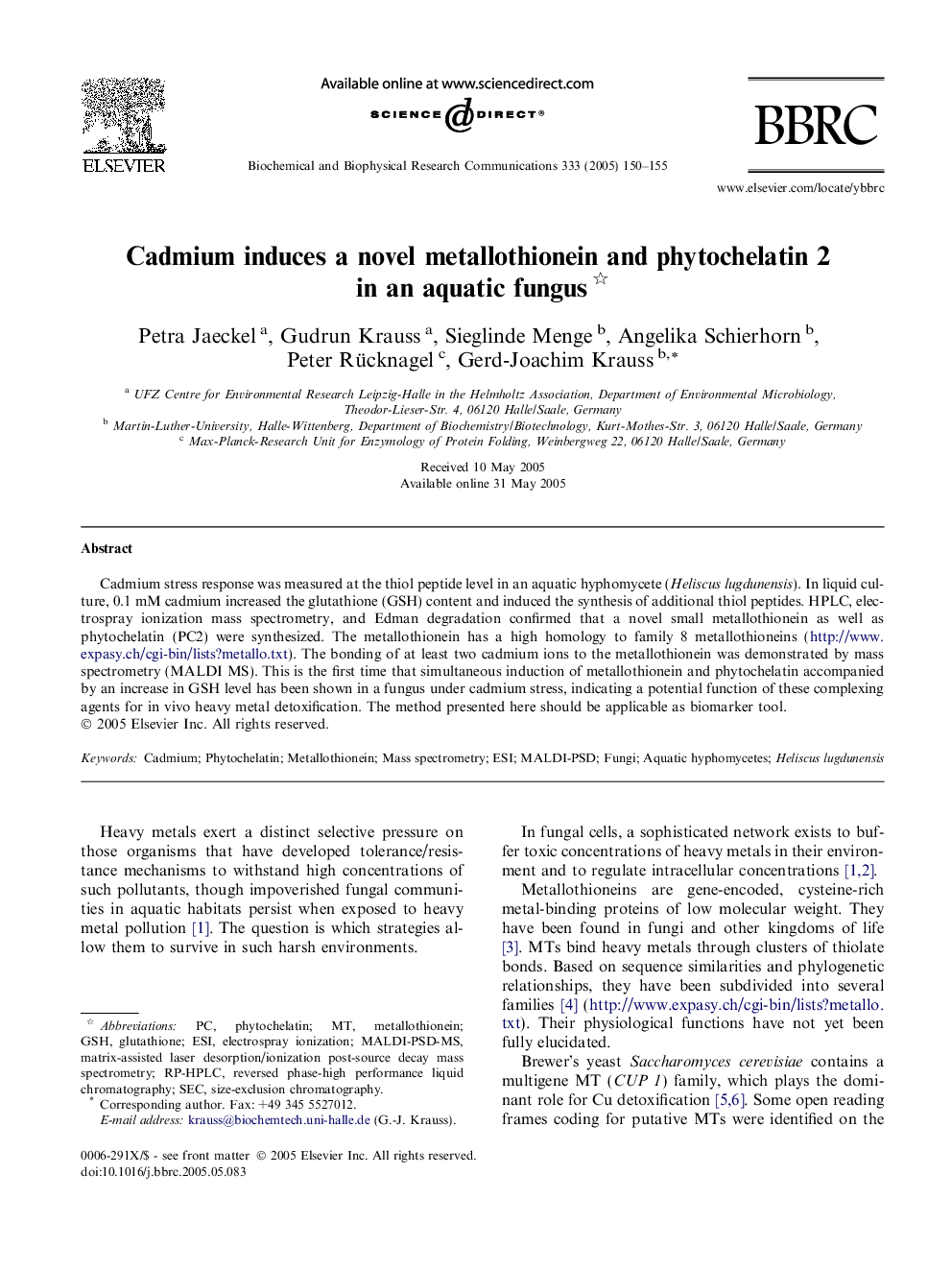 Cadmium induces a novel metallothionein and phytochelatin 2 in an aquatic fungus