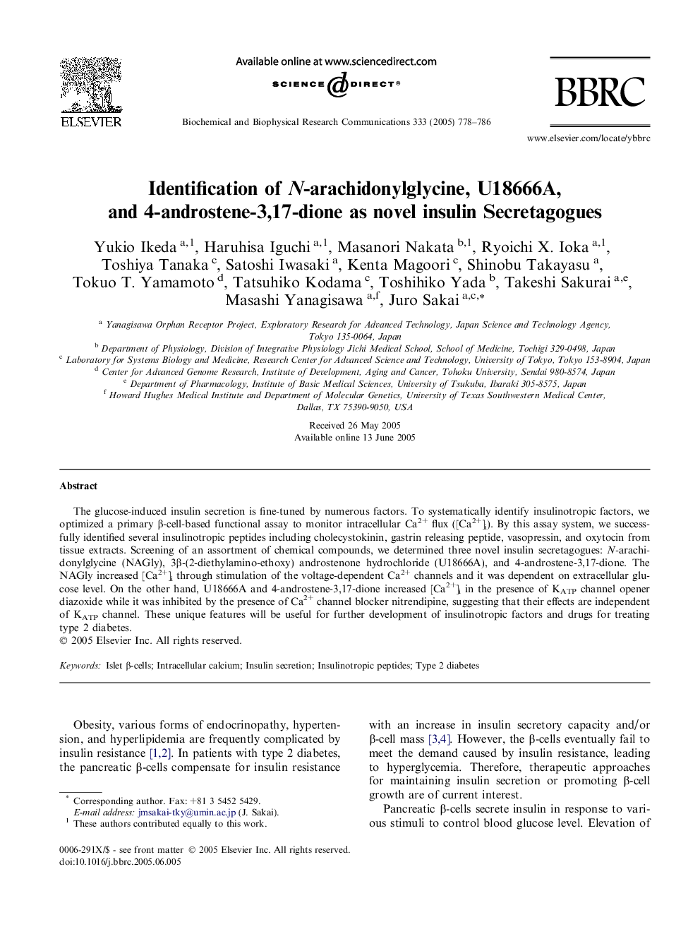 Identification of N-arachidonylglycine, U18666A, and 4-androstene-3,17-dione as novel insulin Secretagogues