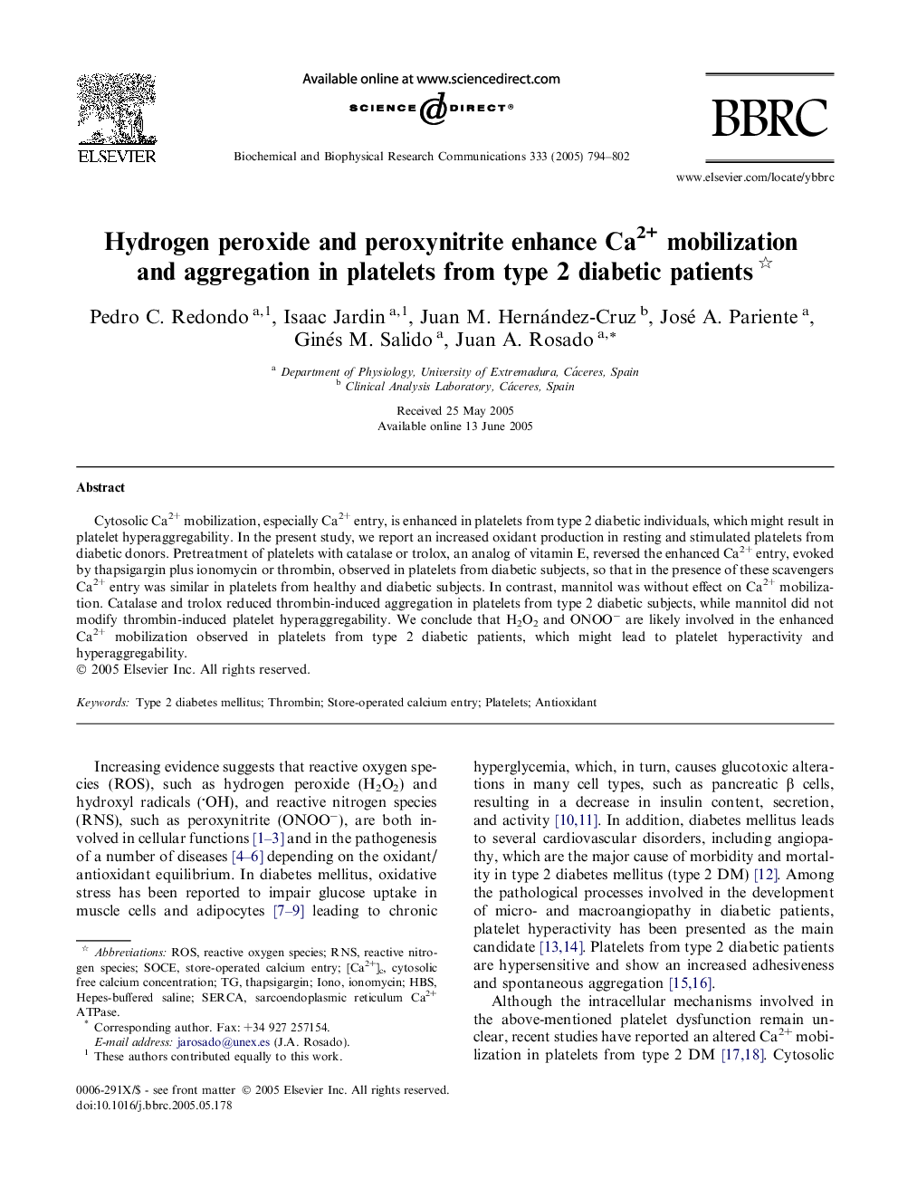 Hydrogen peroxide and peroxynitrite enhance Ca2+ mobilization and aggregation in platelets from type 2 diabetic patients