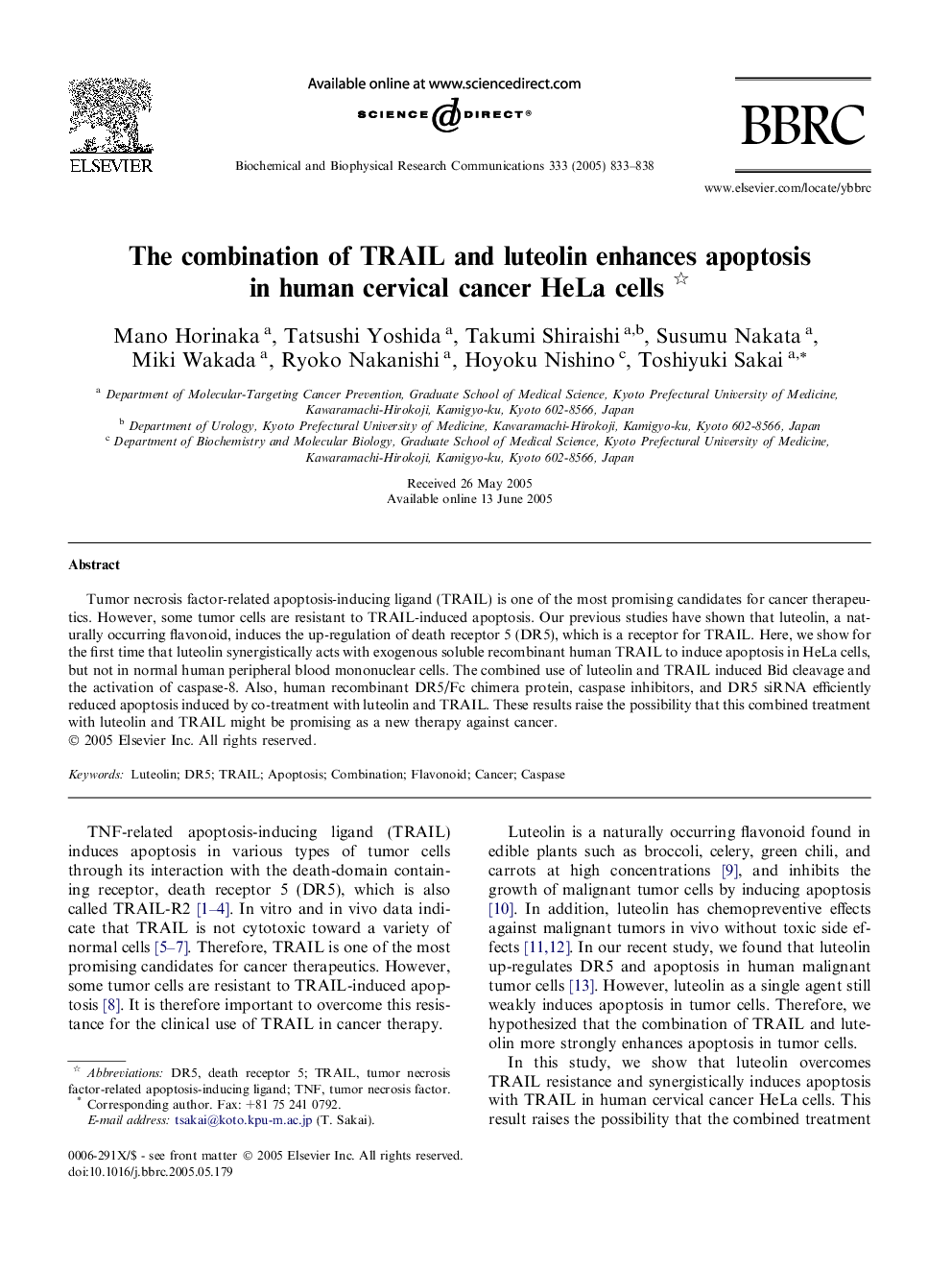 The combination of TRAIL and luteolin enhances apoptosis in human cervical cancer HeLa cells