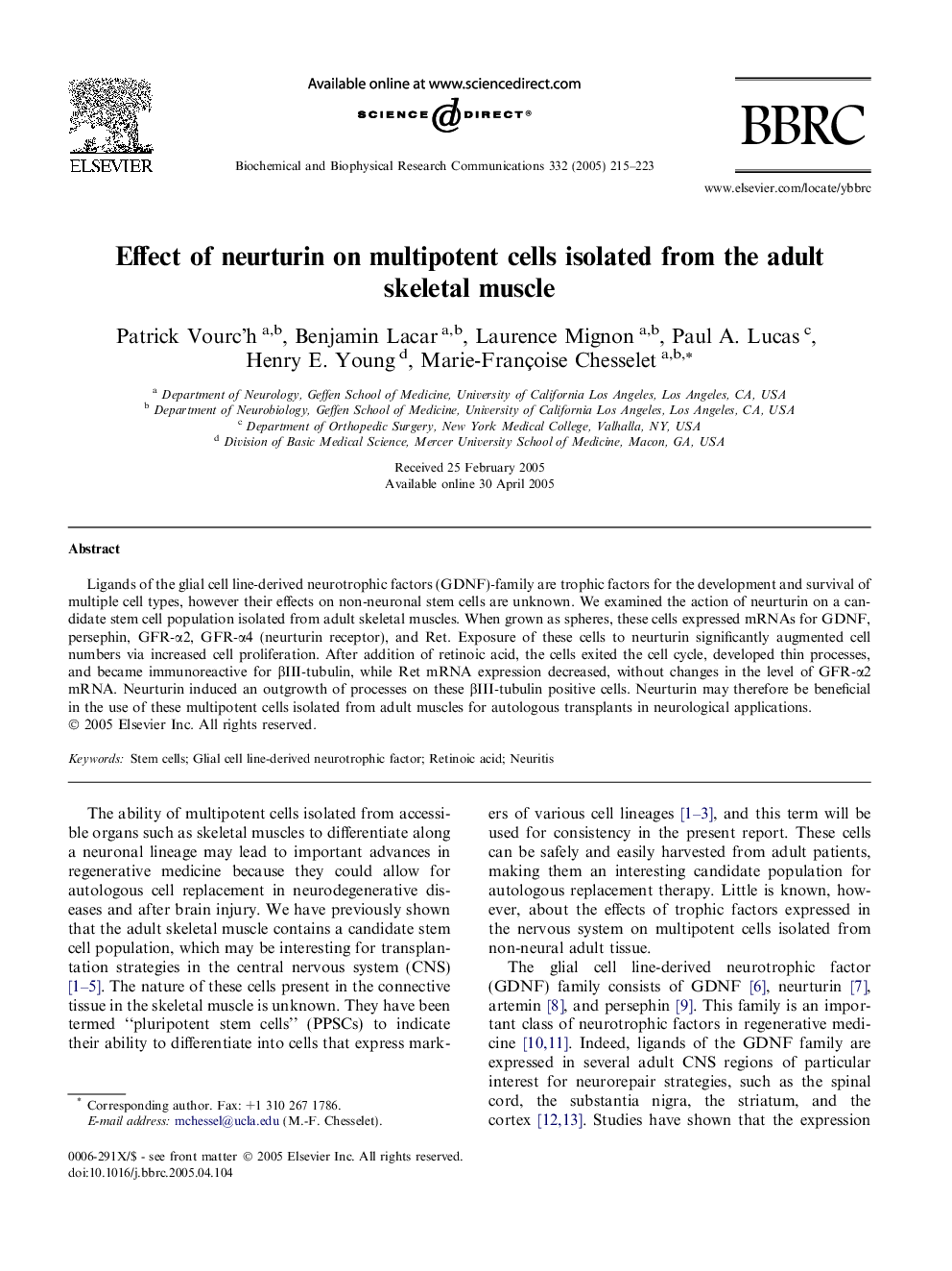 Effect of neurturin on multipotent cells isolated from the adult skeletal muscle