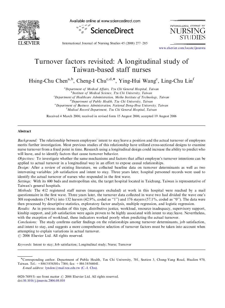 Turnover factors revisited: A longitudinal study of Taiwan-based staff nurses