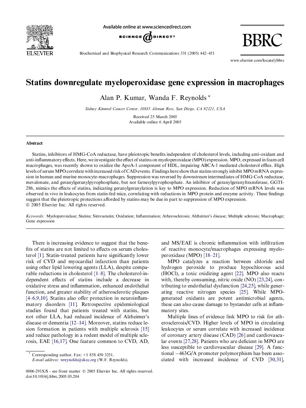 Statins downregulate myeloperoxidase gene expression in macrophages