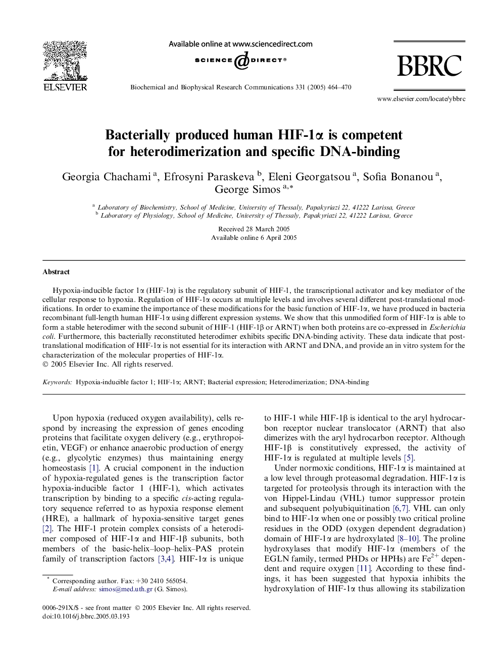 Bacterially produced human HIF-1Î± is competent for heterodimerization and specific DNA-binding