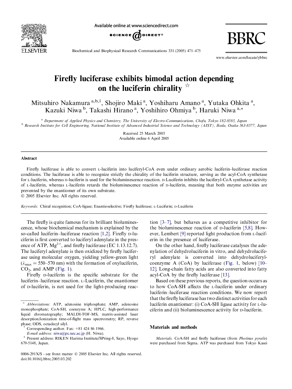 Firefly luciferase exhibits bimodal action depending on the luciferin chirality