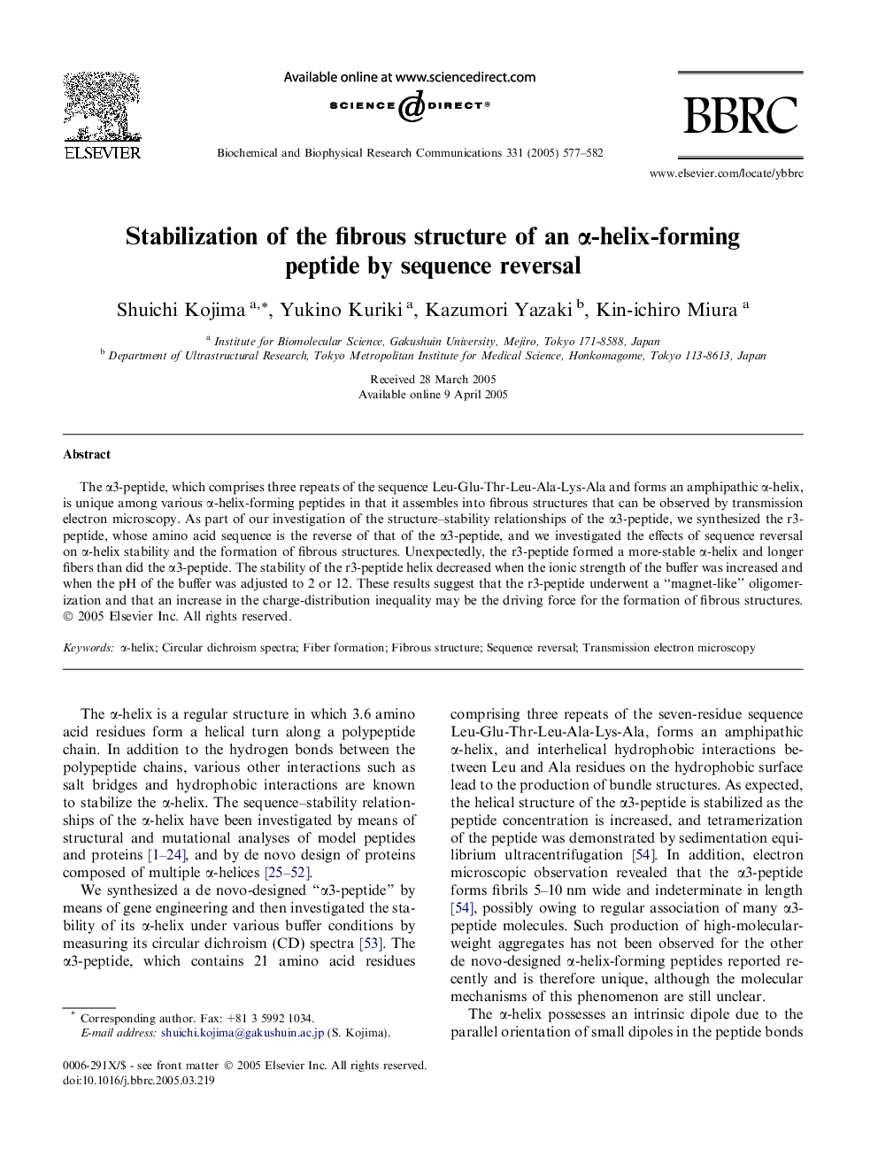 Stabilization of the fibrous structure of an Î±-helix-forming peptide by sequence reversal