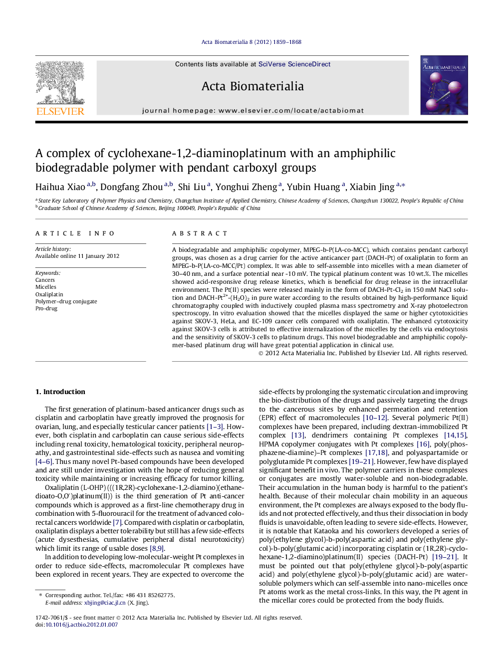 A complex of cyclohexane-1,2-diaminoplatinum with an amphiphilic biodegradable polymer with pendant carboxyl groups