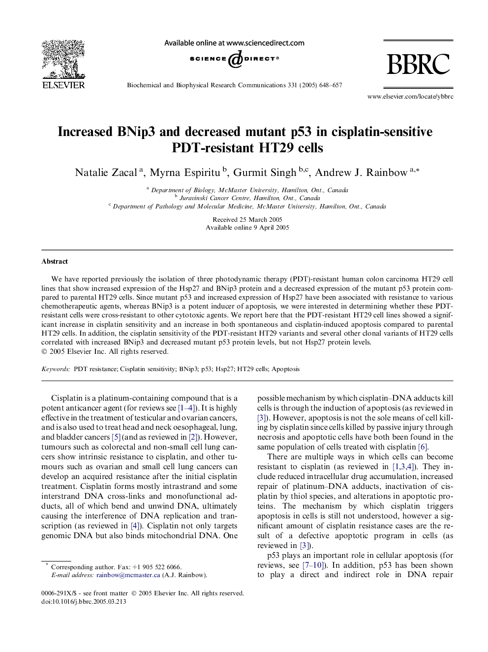 Increased BNip3 and decreased mutant p53 in cisplatin-sensitive PDT-resistant HT29 cells