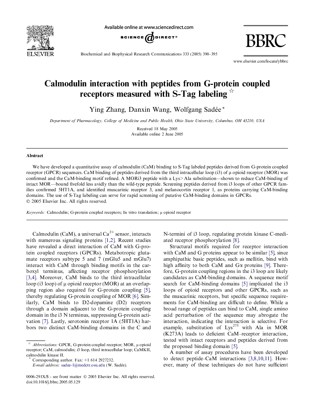 Calmodulin interaction with peptides from G-protein coupled receptors measured with S-Tag labeling