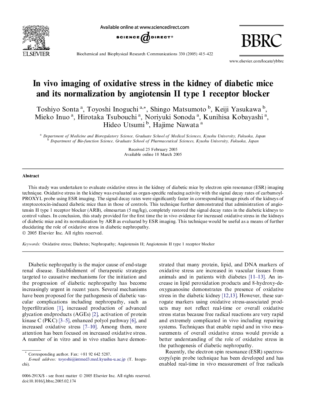 In vivo imaging of oxidative stress in the kidney of diabetic mice and its normalization by angiotensin II type 1 receptor blocker