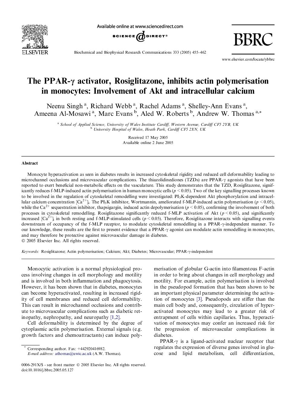 The PPAR-Î³ activator, Rosiglitazone, inhibits actin polymerisation in monocytes: Involvement of Akt and intracellular calcium