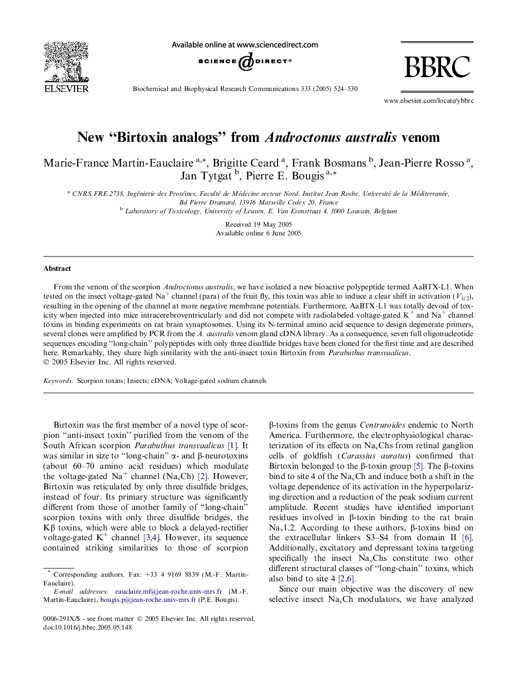 New “Birtoxin analogs” from Androctonus australis venom