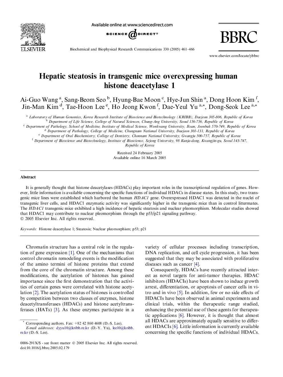 Hepatic steatosis in transgenic mice overexpressing human histone deacetylase 1