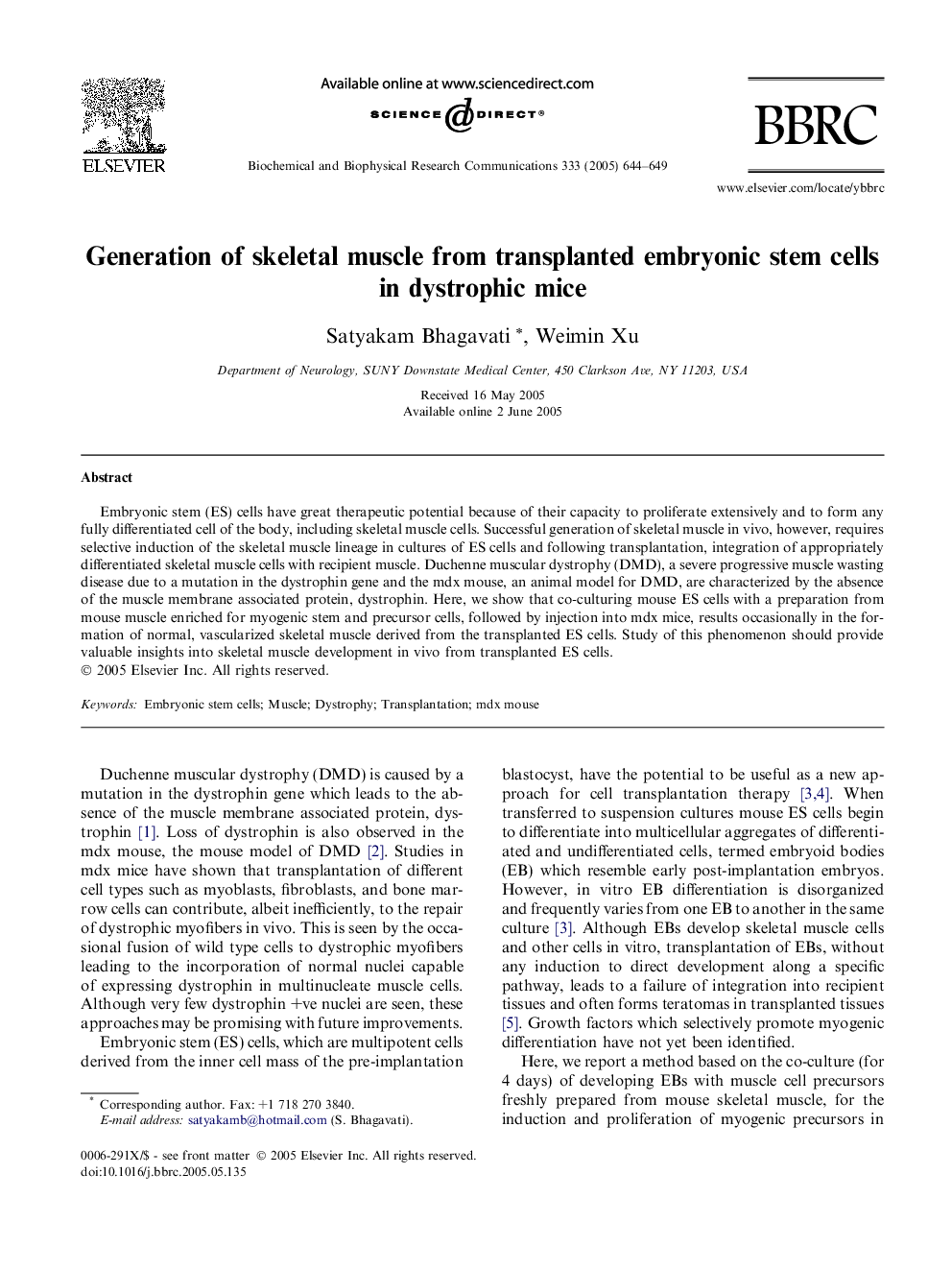 Generation of skeletal muscle from transplanted embryonic stem cells in dystrophic mice