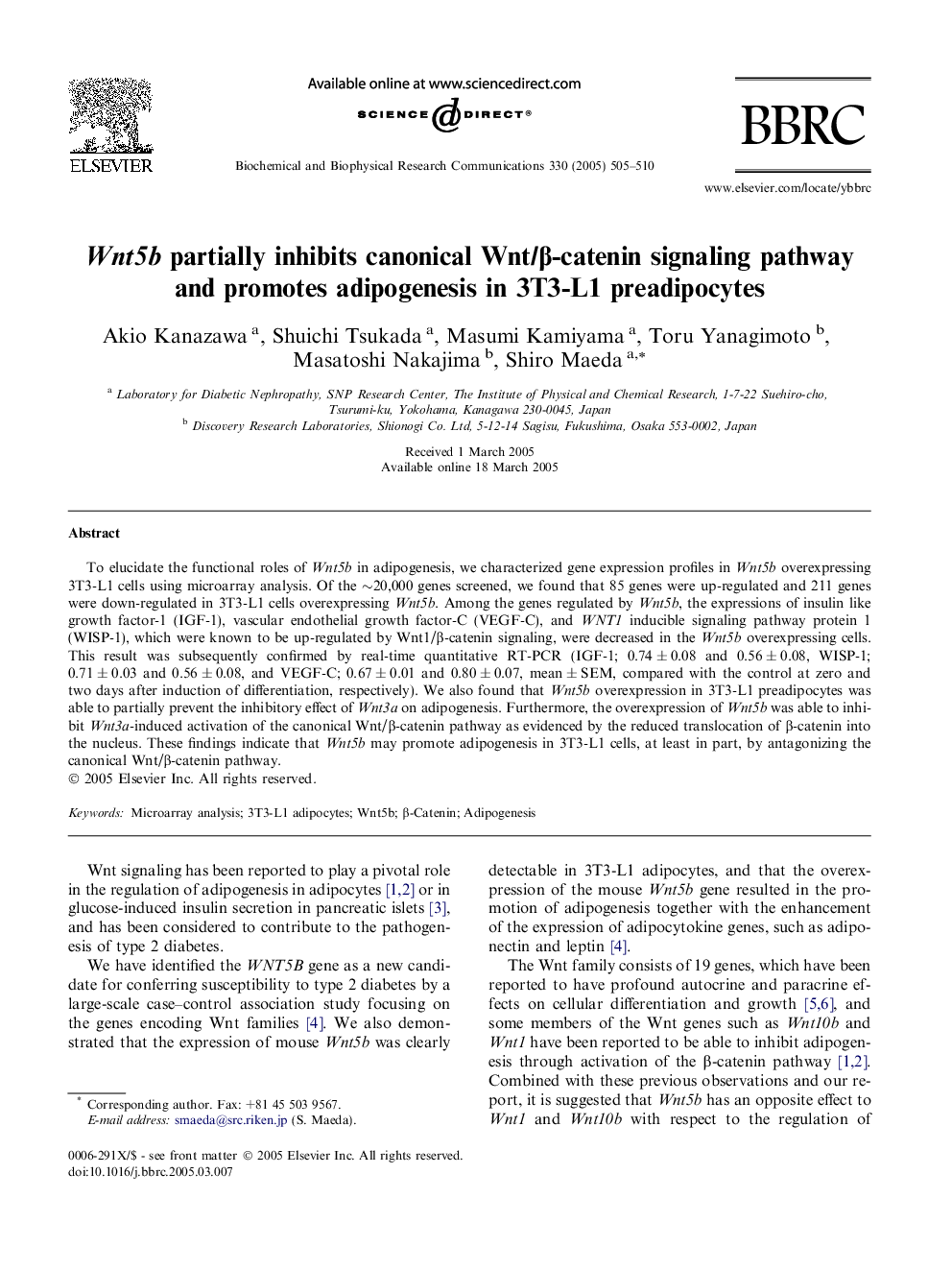 Wnt5b partially inhibits canonical Wnt/Î²-catenin signaling pathway and promotes adipogenesis in 3T3-L1 preadipocytes