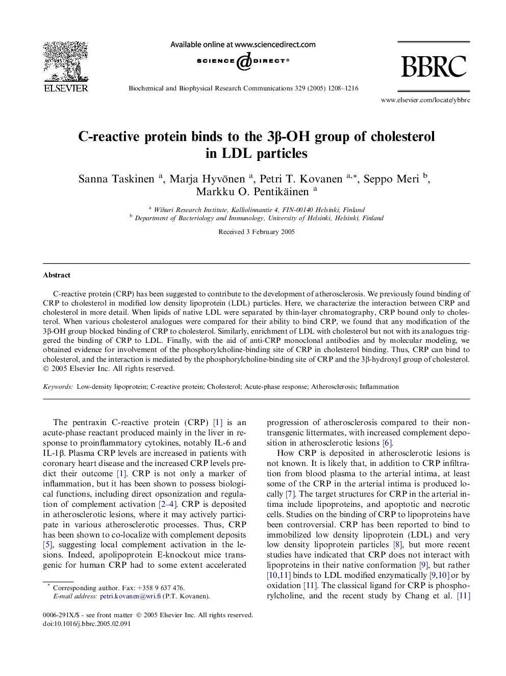 C-reactive protein binds to the 3Î²-OH group of cholesterol in LDL particles